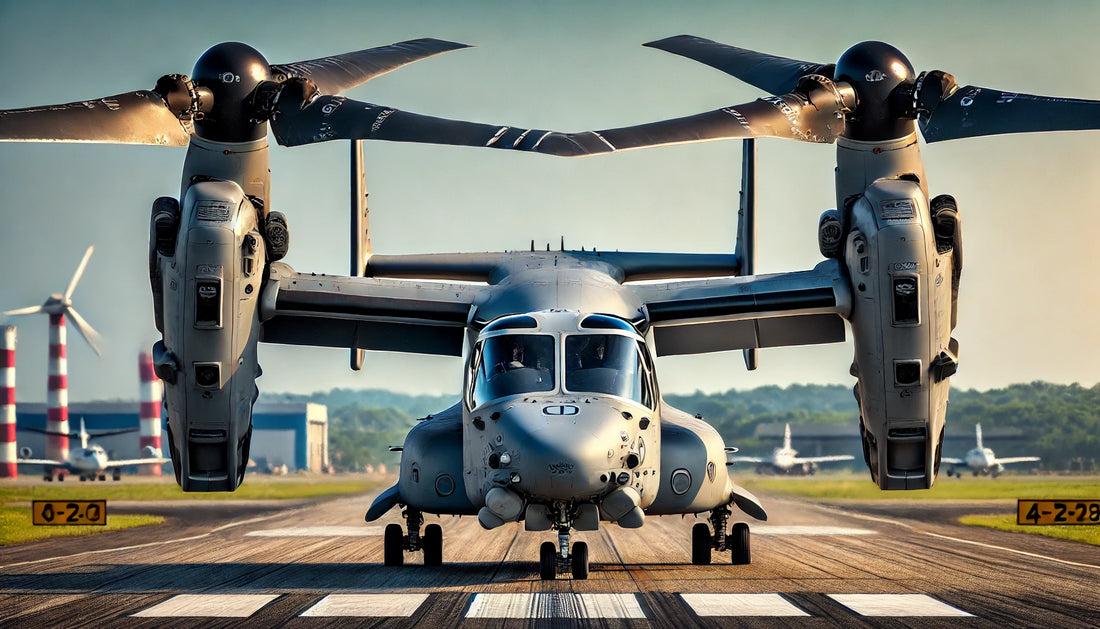 A Bell Boeing V-22 Osprey tiltrotor aircraft on a runway, showcasing its unique rotating nacelles and robust design. The aircraft is painted in a military grey livery with distinctive markings.