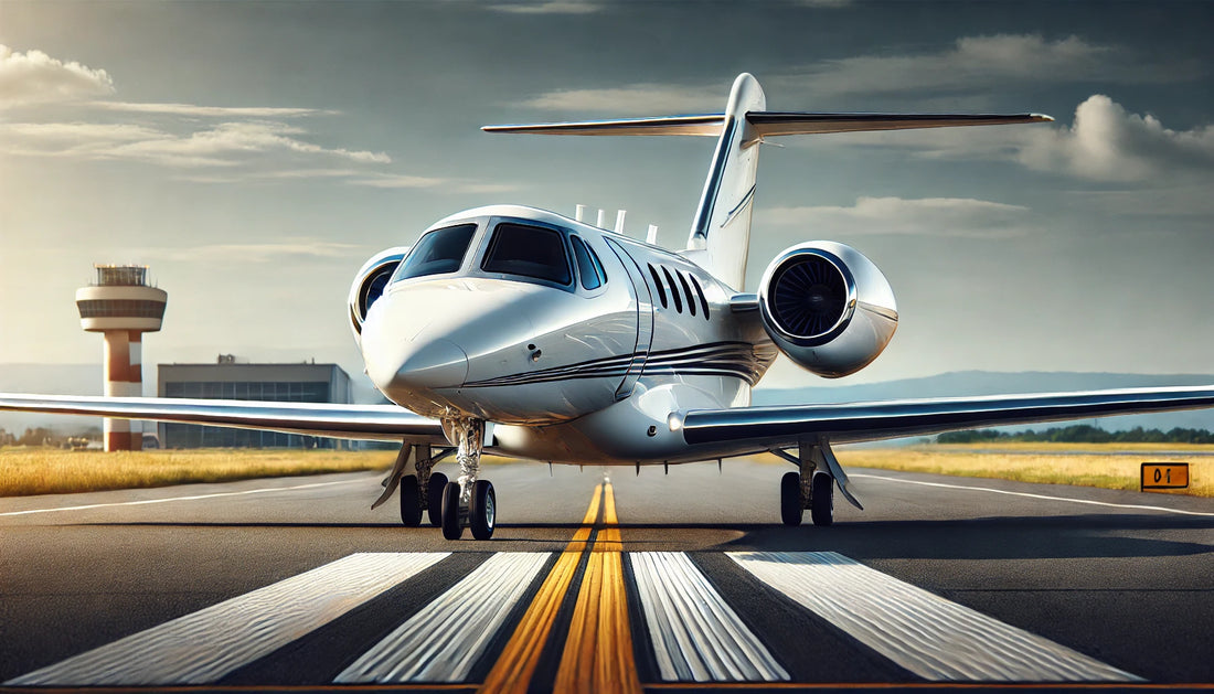 A sleek Cessna Citation X business jet on a runway, showcasing its streamlined design and twin-engine configuration. The aircraft is painted in a classic white livery with elegant markings. In the background.