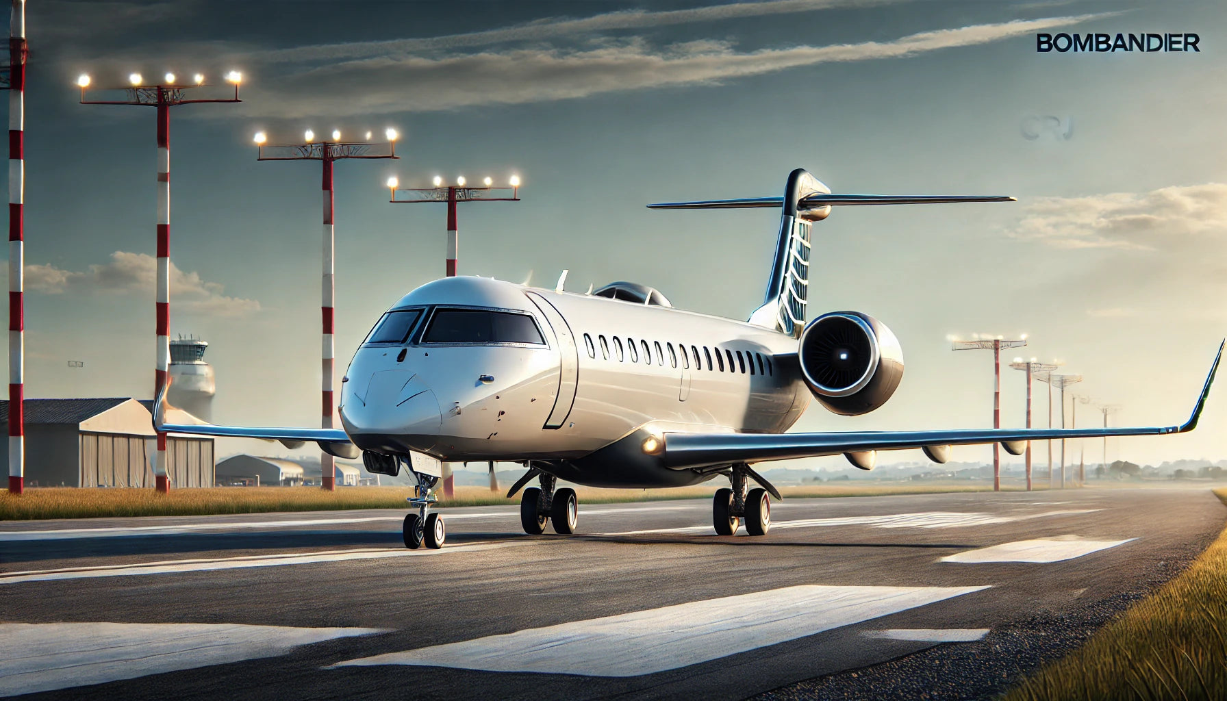 A Bombardier CRJ Series regional jet on a runway, showcasing its sleek design and twin-engine configuration. The aircraft is painted in a modern livery with distinctive markings.
