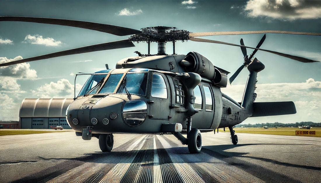 A Sikorsky UH-60 Black Hawk military helicopter on a runway, showcasing its rugged design and twin-engine configuration. The helicopter is painted in a standard military grey livery with distinctive markings.