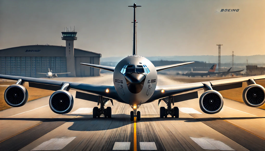 A Boeing KC-135 Stratotanker aircraft on a runway, showcasing its swept-wing design and four-engine configuration. The aircraft is painted in a standard military grey livery with distinctive markings.