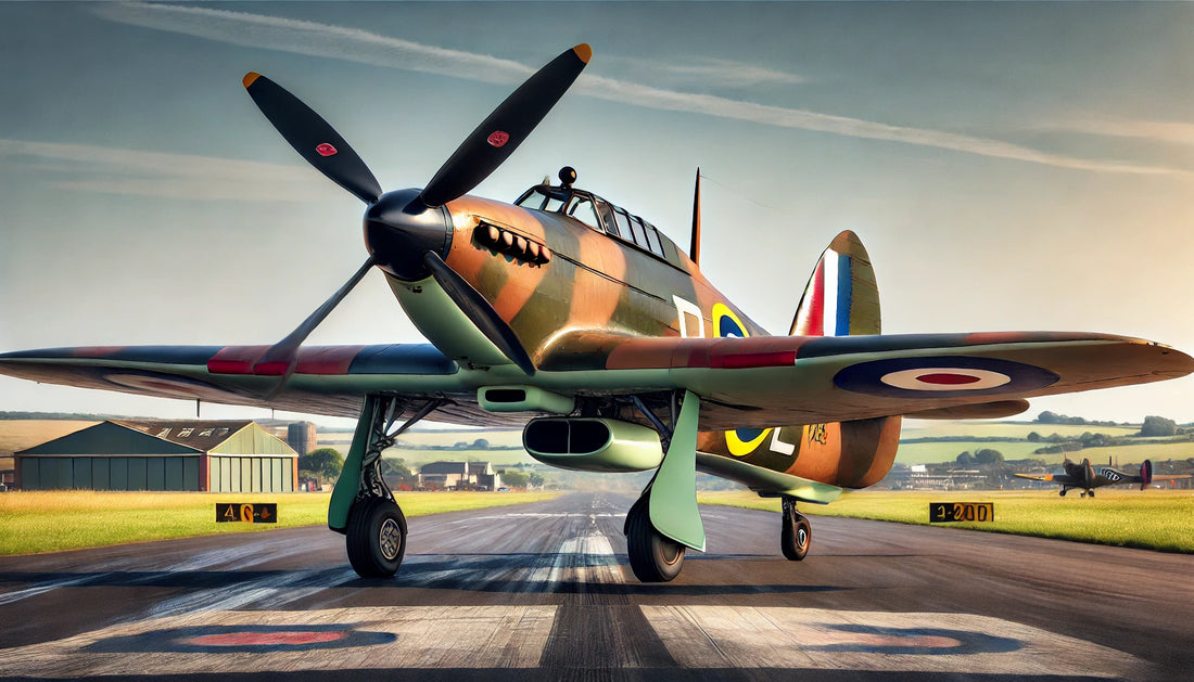 A Hawker Hurricane fighter aircraft on a runway, showcasing its distinctive monoplane design and elliptical wings. The aircraft is painted in a classic World War II-era camouflage livery with RAF roundels.