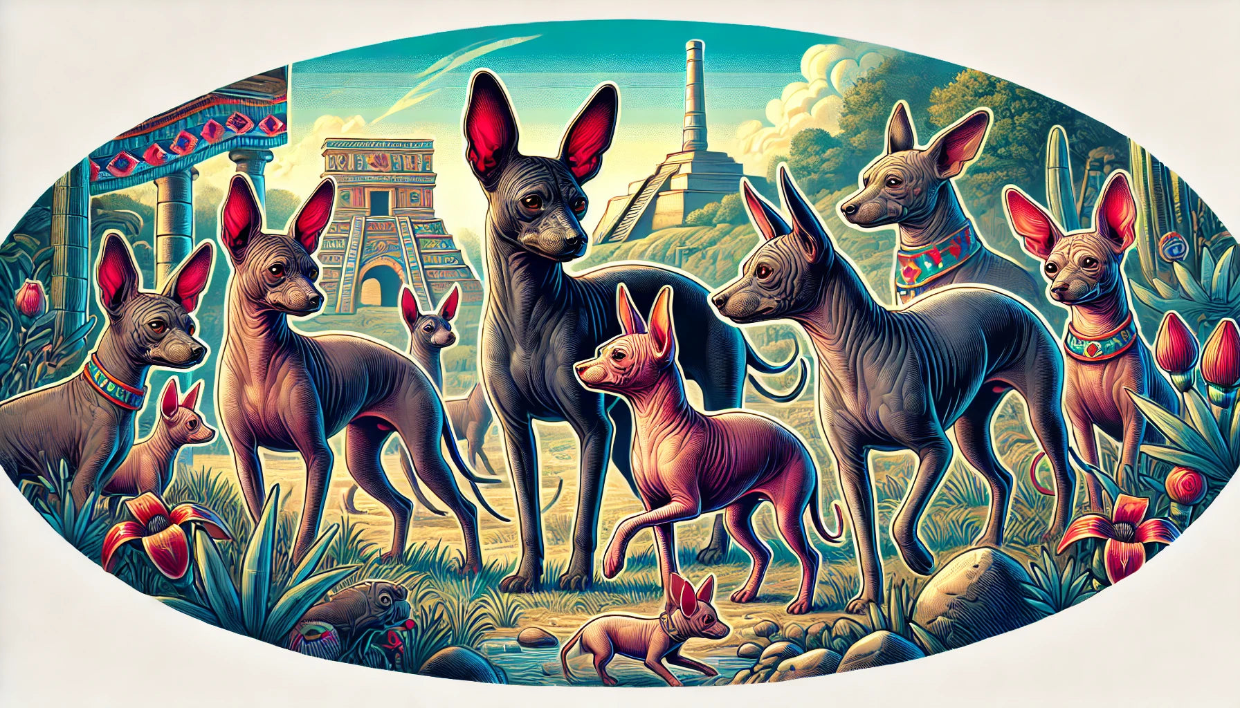 Illustration of several Xoloitzcuintli (Mexican Hairless Dogs) in their natural habitat, featuring distinctive hairless bodies, large ears, and graceful build. 