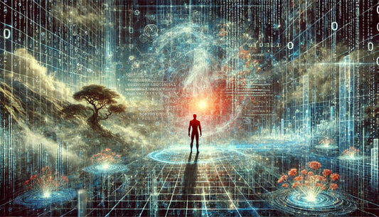 A detailed and thought-provoking scene representing the Matrix Hypothesis. The image features a human figure standing in a digital landscape filled with binary code, representing a simulated reality.
