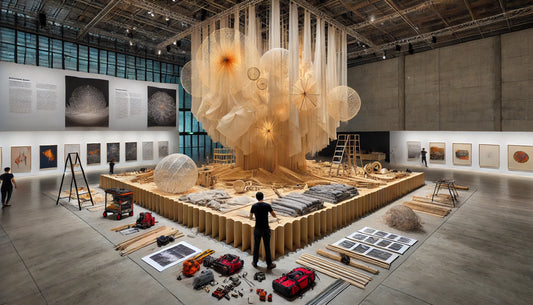 An artist working on a large-scale art installation in a spacious gallery. The installation features a combination of materials, including wood, fabric, and light elements.