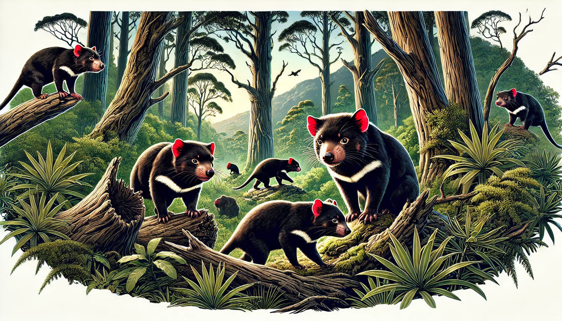 Illustration of several Tasmanian devils in their natural forest habitat, featuring distinctive black fur, white patches, and muscular build. 
