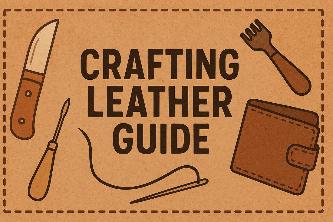 A horizontal digital illustration of a leather crafting guide cover featuring a tan leather-textured background with stitched borders. The title “Crafting Leather Guide” is centered in a bold, vintage-style font. 