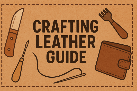 A horizontal digital illustration of a leather crafting guide cover featuring a tan leather-textured background with stitched borders. The title “Crafting Leather Guide” is centered in a bold, vintage-style font. 