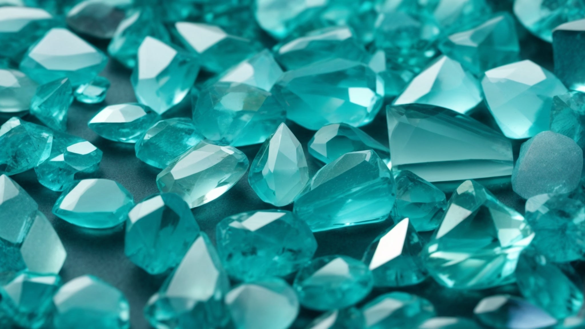 A collection of faceted aquamarine gemstones in vibrant blue-green hues, displaying their clarity and brilliance.