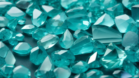 A collection of faceted aquamarine gemstones in vibrant blue-green hues, displaying their clarity and brilliance.