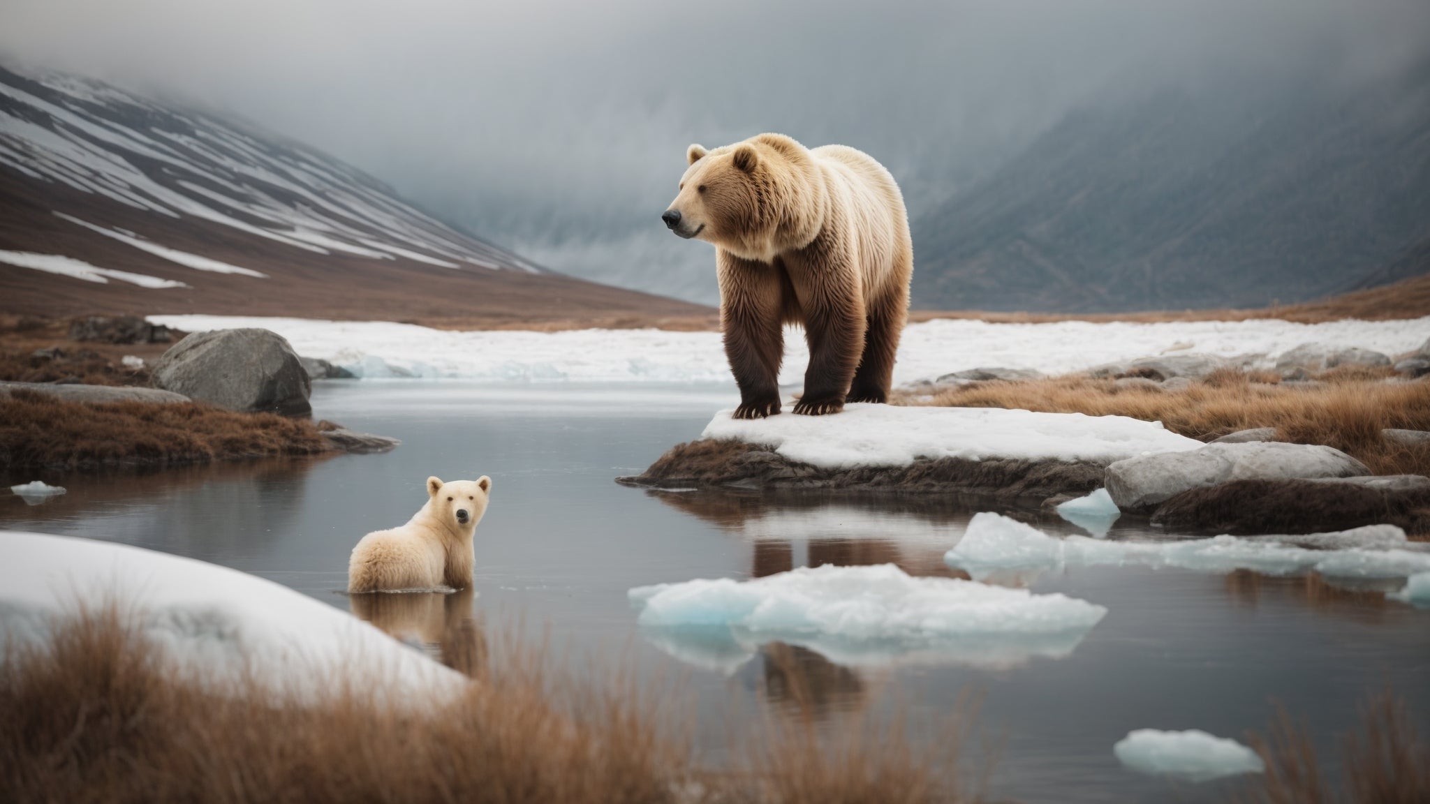 Brown bear and cub standing on ice near a body of water in a mountainous Arctic landscape.