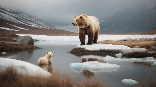 Brown bear and cub standing on ice near a body of water in a mountainous Arctic landscape.