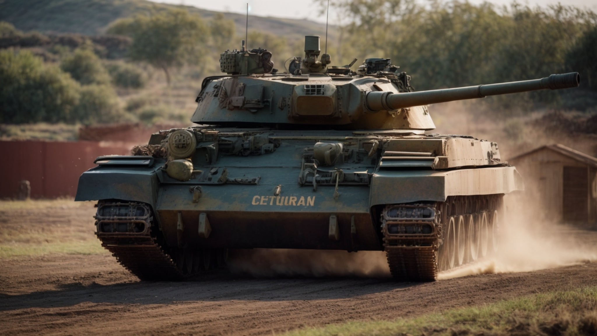 Centurion tank with “Centurion” written on the front, moving on a dusty track, showcasing its robust design and powerful main gun.