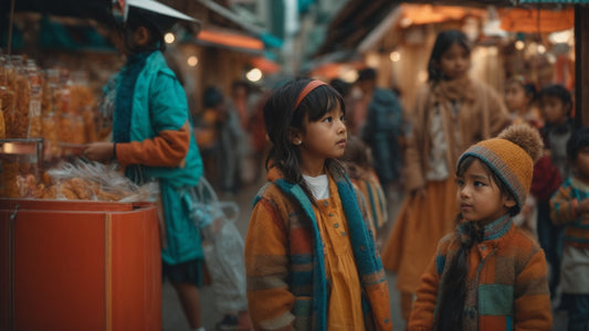 Two children wearing colorful, layered clothing stand in a bustling outdoor market, surrounded by vibrant stalls and a lively crowd, showcasing a mix of traditional and contemporary styles.