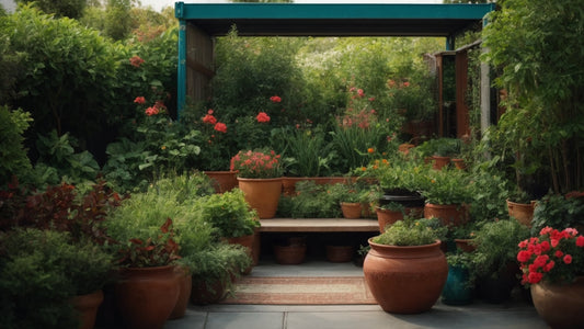 A lush container garden filled with a variety of vibrant plants and flowers, arranged in repurposed and upcycled pots, creating a charming and budget-friendly outdoor space.