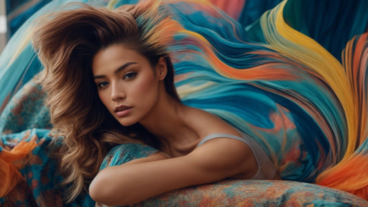 Portrait of a woman with long, wavy brown hair lying on patterned fabric with vibrant blue, orange, and yellow swirls.