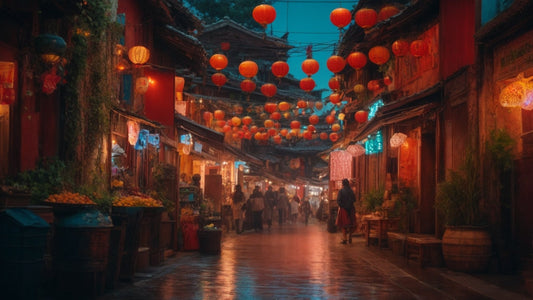 Night market street lined with wooden stalls, red lanterns overhead, and shoppers browsing wet pavement.