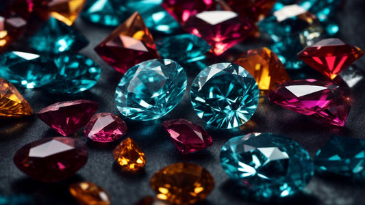 Vibrant gemstones of various shapes and colors, including brilliant blue, deep red, and rich orange hues, showcasing the diverse and captivating beauty of precious stones.