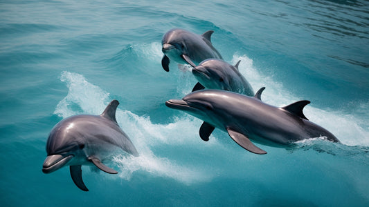 A pod of four dolphins swimming and leaping playfully in clear blue ocean waters.