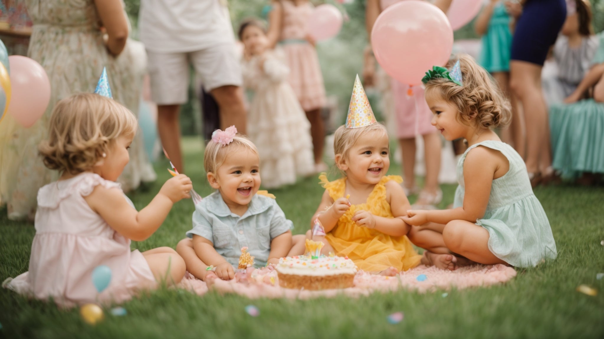 A group of young children enjoy a birthday party outdoors. They are seated on a blanket on the grass, wearing party hats and colorful outfits. The scene includes balloons and a birthday cake, with other guests mingling in the background.
