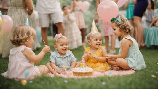 A group of young children enjoy a birthday party outdoors. They are seated on a blanket on the grass, wearing party hats and colorful outfits. The scene includes balloons and a birthday cake, with other guests mingling in the background.