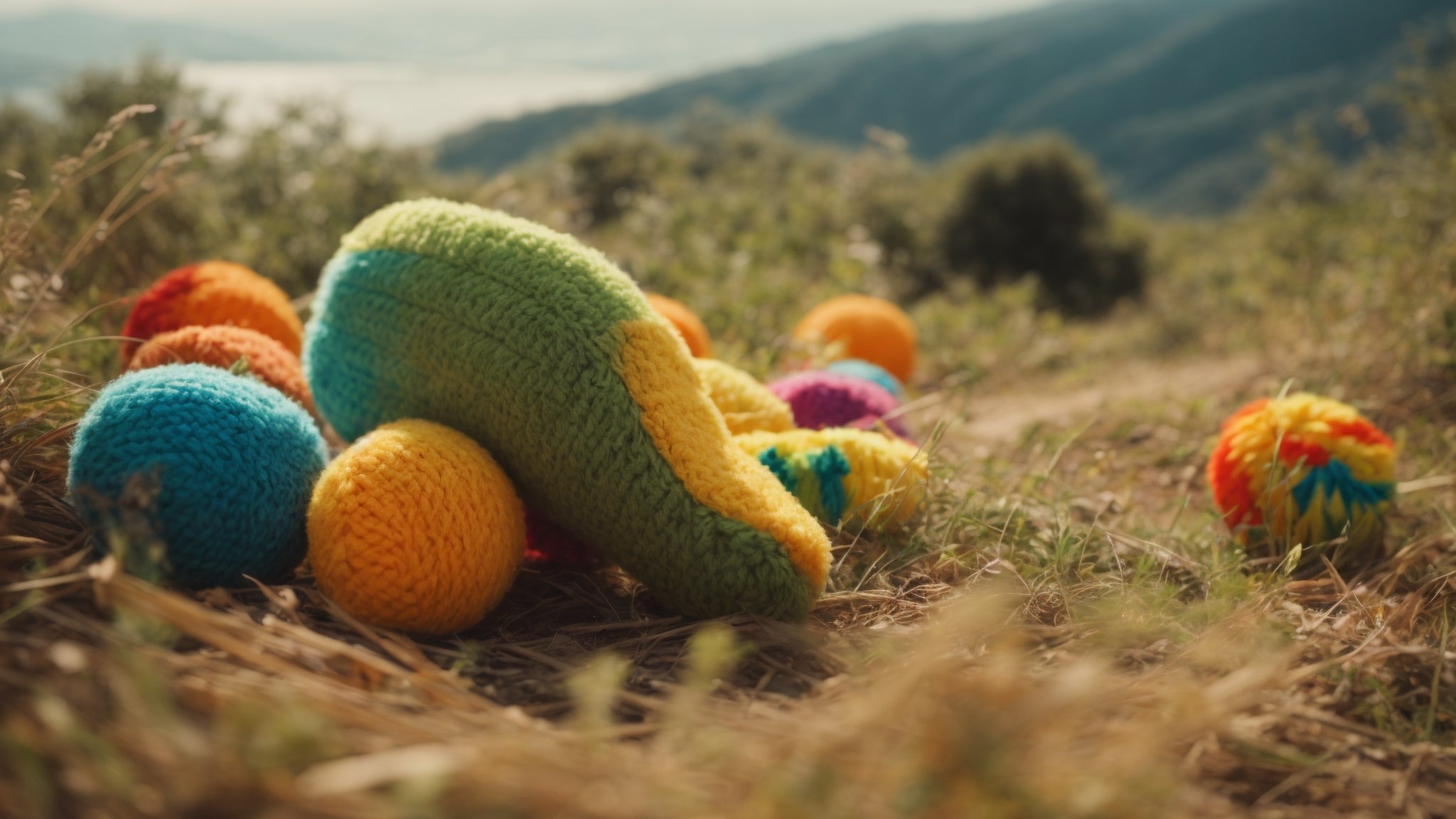 Colorful eco-friendly dog toys made from natural, sustainable materials are scattered outdoors on a grassy hillside, with a scenic mountain view in the background.