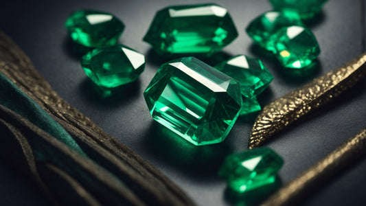 A close-up view of multiple faceted emerald gemstones, showcasing their rich, vibrant green hues and excellent clarity. The gemstones are cut in various shapes, including rectangular and octagonal