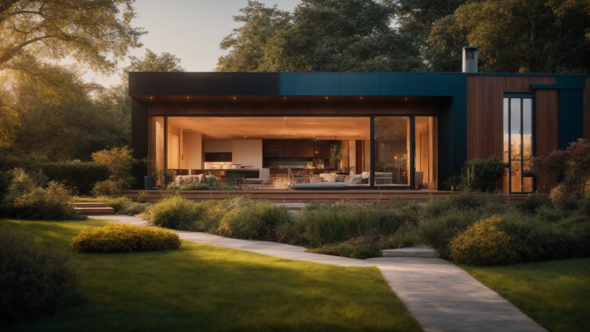 Modern eco-friendly home with large glass windows and an open-concept design, surrounded by lush greenery and a beautifully landscaped yard. The sleek architecture and natural setting create a harmonious blend of indoor and outdoor living spaces.