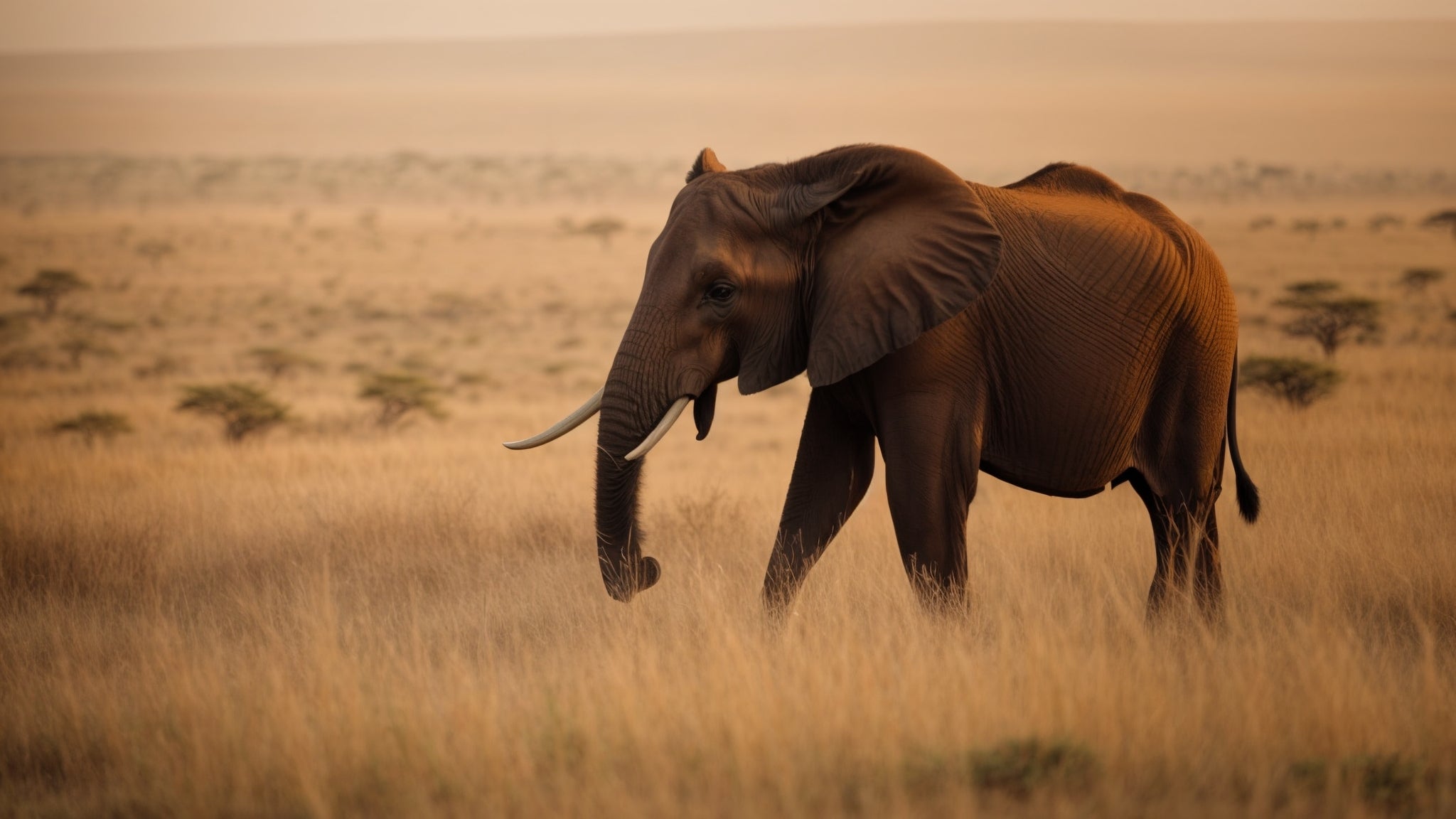 An African elephant stands majestically in the golden grasslands of the Serengeti National Park, Tanzania.