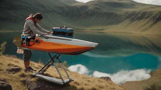 A person engages in extreme ironing on a mountaintop, using a portable ironing board set up next to a serene, turquoise lake surrounded by lush green hills.