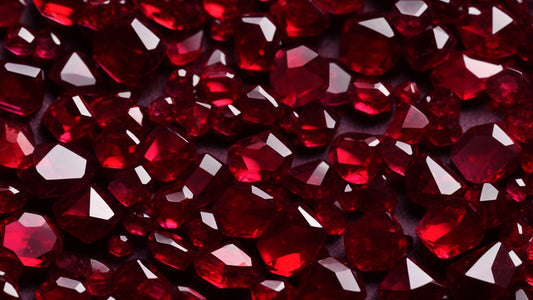 A collection of faceted garnet gemstones in deep red hues, showcasing their brilliance and rich colour.