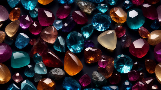 A close-up view of a collection of various faceted gemstones, showcasing a stunning array of colors including vibrant blues, rich reds, deep purples, bright oranges, and soft yellows.