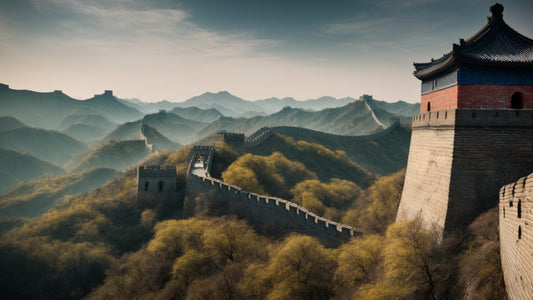 View of the Great Wall of China winding through mountainous terrain, with watchtowers and fortresses standing amidst lush greenery under a serene sky.