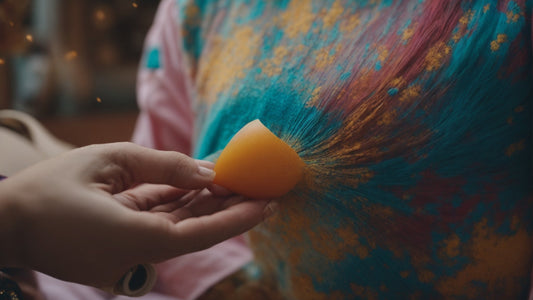Close-up of a hand holding an orange sponge applying orange paint to a teal and orange tie-dye fabric.