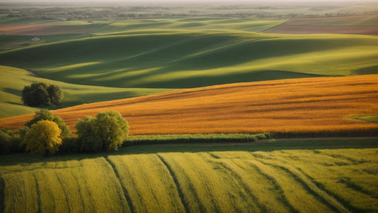 Scenic view of the Hungarian Plain with rolling hills, golden fields, and lush greenery under a clear sky, showcasing the region's fertile farmlands and diverse landscapes.