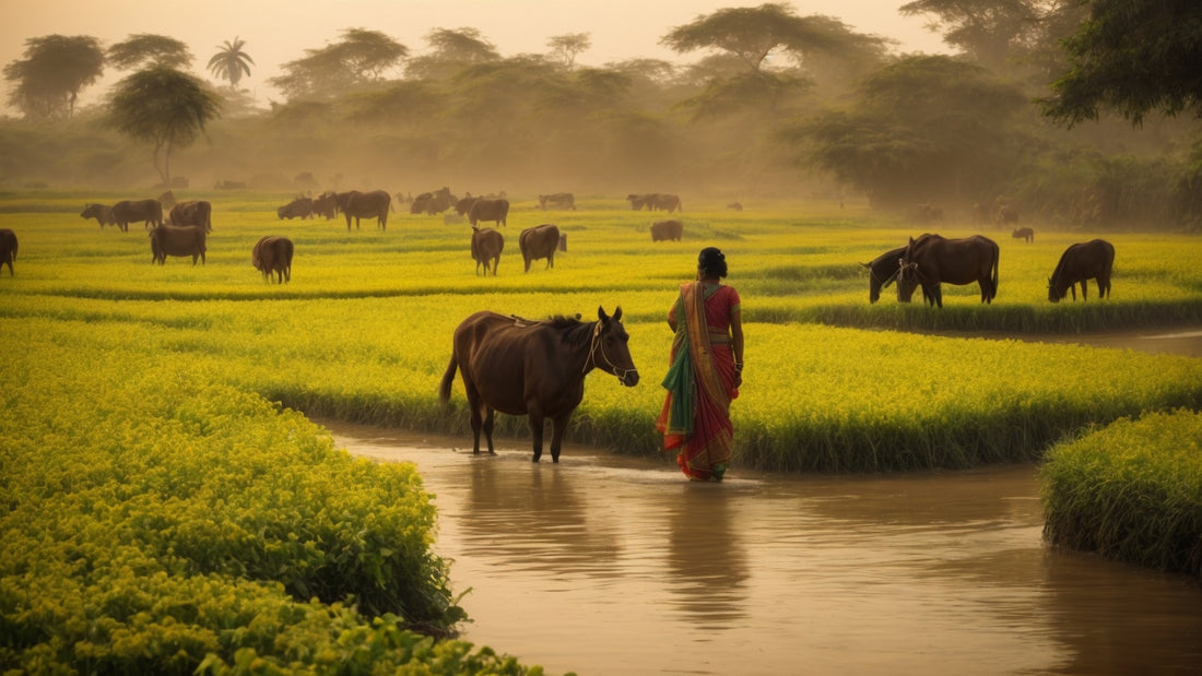a serene agricultural scene in the Indo-Gangetic Plain. A woman in traditional attire walks alongside cattle in lush, green fields. 