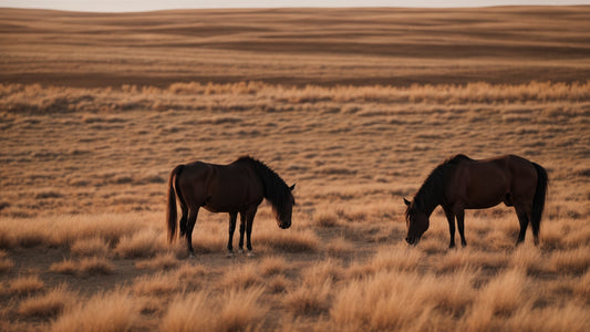 Two horses grazing in the vast, golden grasslands of Kazakhstan's Great Steppe, with rolling plains stretching into the horizon under a serene sky, capturing the tranquil and expansive nature of this unique landscape.
