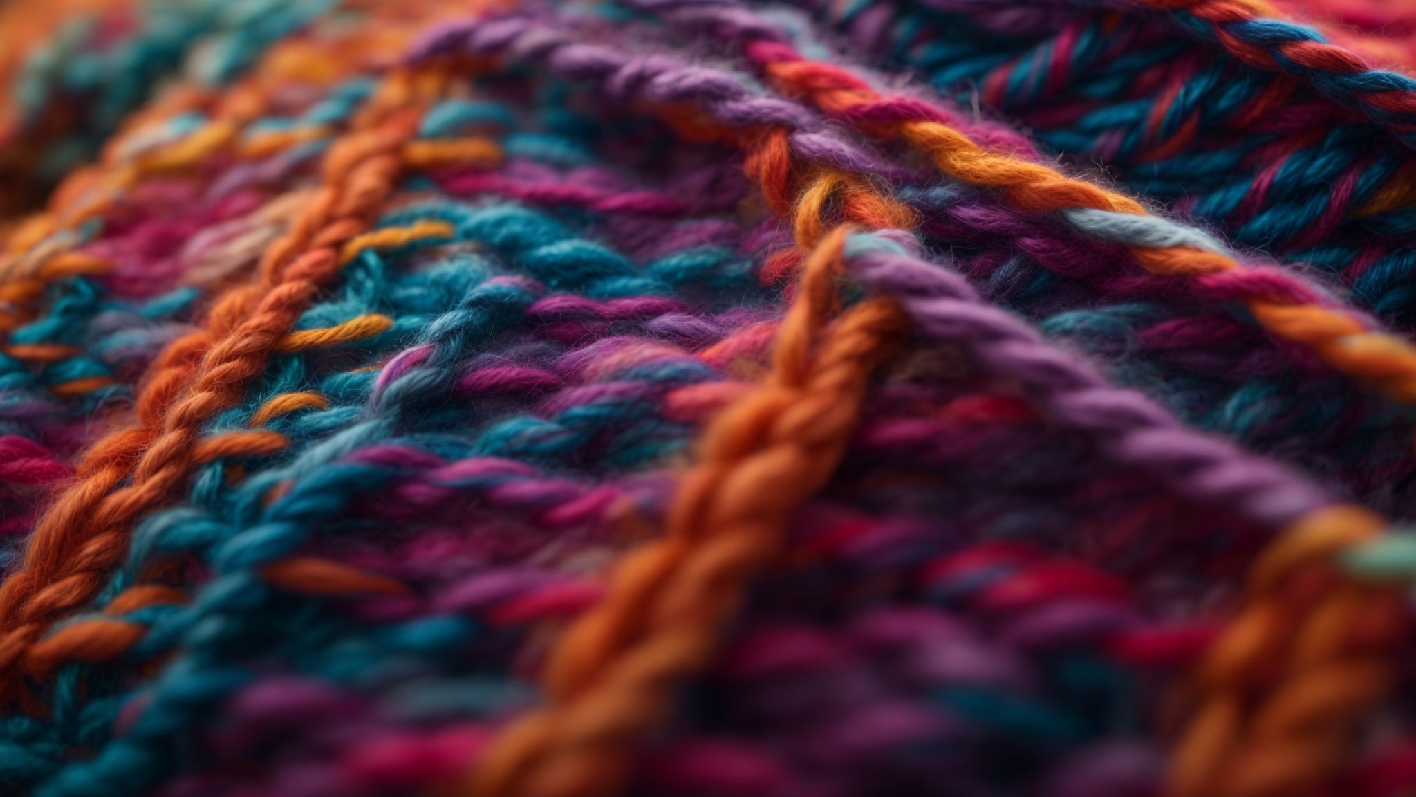 Close-up of colorful knitting pattern showcasing vibrant yarn in shades of blue, purple, orange, and pink.