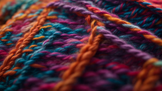 Close-up of colorful knitting pattern showcasing vibrant yarn in shades of blue, purple, orange, and pink.