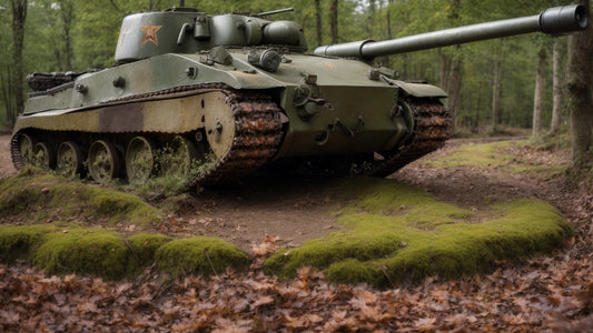 M4 Sherman tank in camouflage, positioned in a wooded area with moss-covered ground, showcasing its robust design and long 75mm main gun.