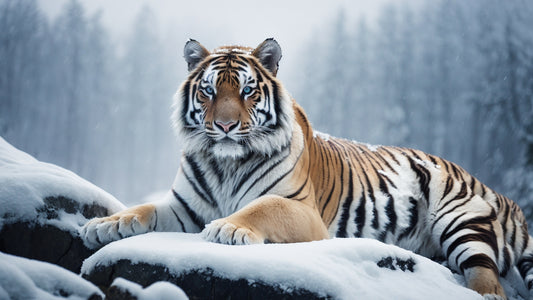 A majestic snow tiger rests on a snow-covered rock, its striking white fur with dark stripes blending seamlessly into the wintry landscape. The tiger gazes directly at the viewer, exuding strength and grace against a backdrop of snow-laden trees.