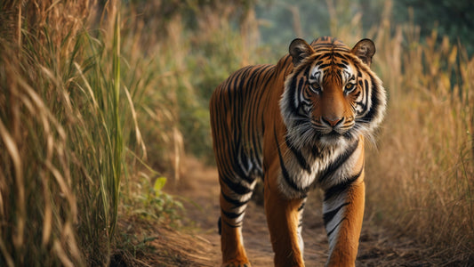 A majestic Malayan tiger walks along a forest path, surrounded by tall grasses and lush vegetation, showcasing its striking orange coat with bold black stripes.