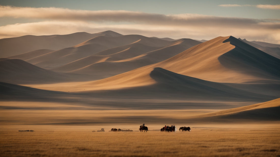 the stunning landscape of the Mongolian steppes, characterized by vast, golden-brown grasslands and undulating sand dunes under a sky with scattered clouds.