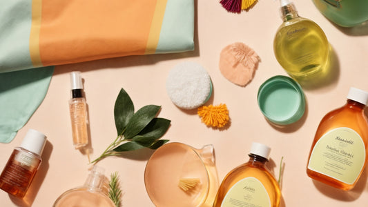 an assortment of natural cleaning products and accessories arranged on a light-colored surface. The items include bottles of liquid cleaners, small spray bottles, soft cleaning cloths, sponges, a few leaves, and a folded fabric, possibly a towel. 