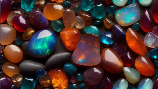 A vibrant collection of opal gemstones in various colors, including blue, red, orange, and green, displaying their characteristic play-of-color.