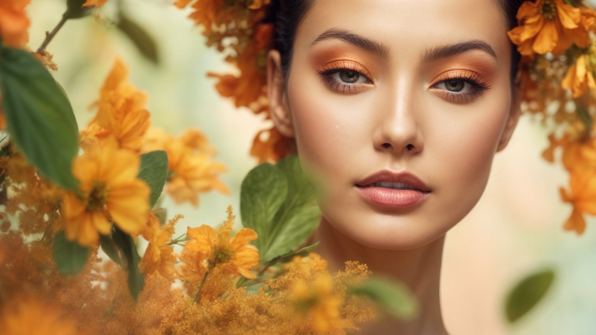 A woman with flawless skin stands surrounded by vibrant orange flowers. Her makeup complements the floral setting, featuring warm orange eyeshadow and a natural, radiant complexion. 