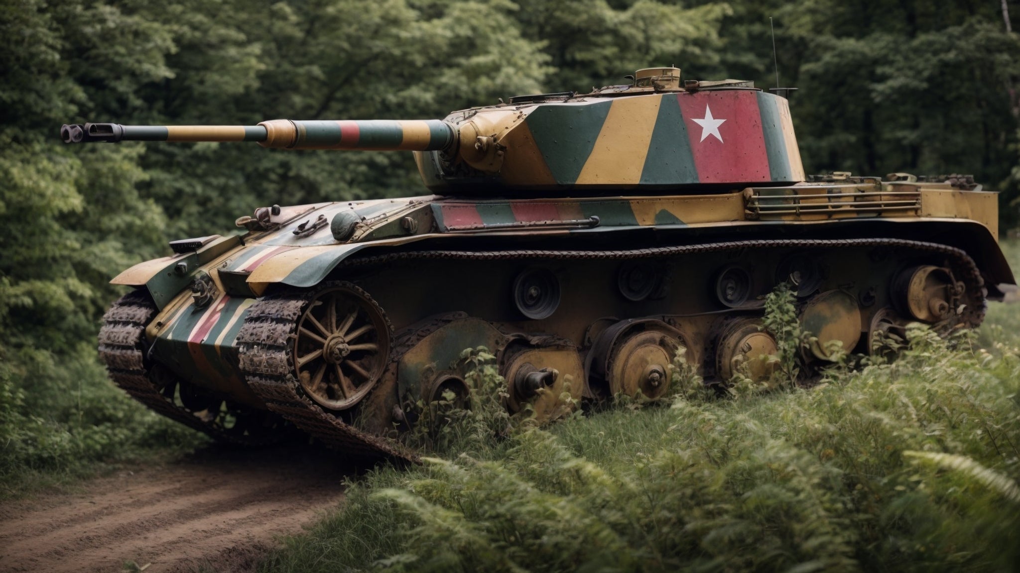 Panzerkampfwagen VI Tiger tank with colorful camouflage, positioned on a forest path, showcasing its powerful 88mm gun and robust tracks.