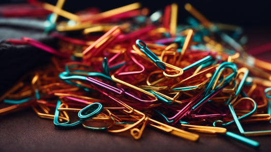 Colorful assortment of paperclips in various shapes and sizes, scattered on a dark surface, showcasing their diversity and vibrant hues.