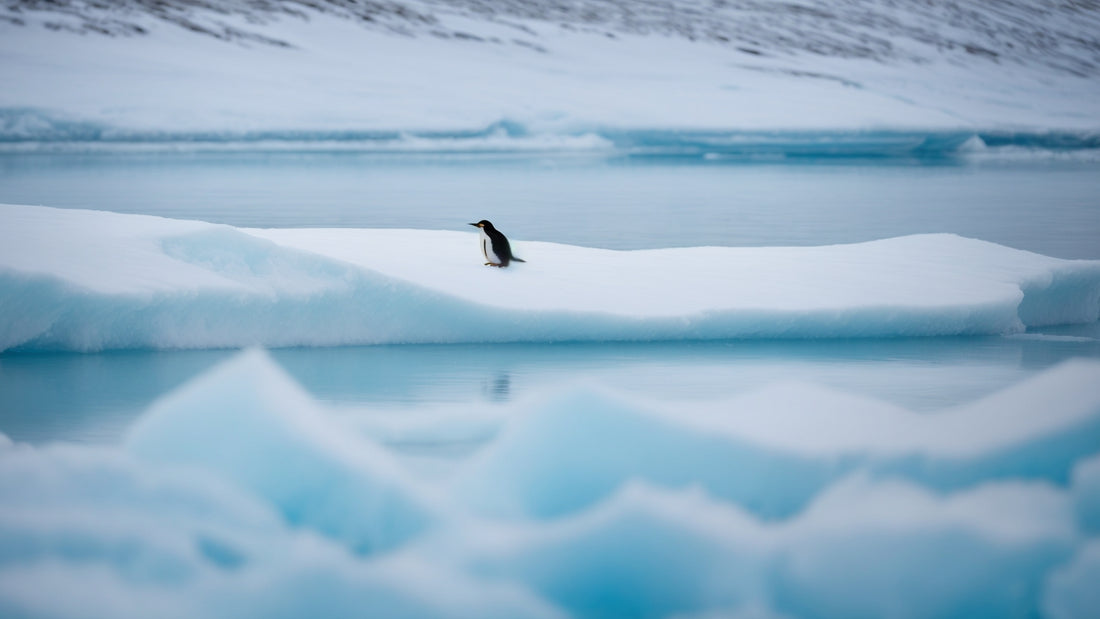 A solitary penguin stands on a floating ice floe in a peaceful, icy landscape, surrounded by calm blue water and distant snow-covered terrain.