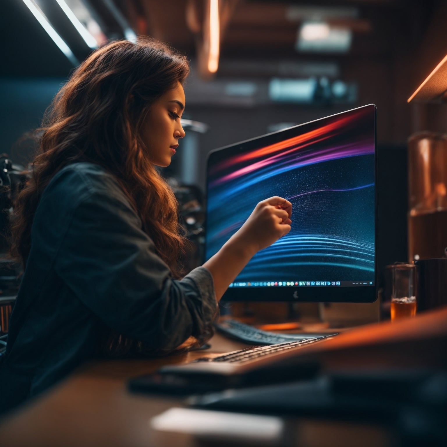 Side profile of a woman with long brown hair in a denim jacket, seated at a desk with a large colorful curved monitor.